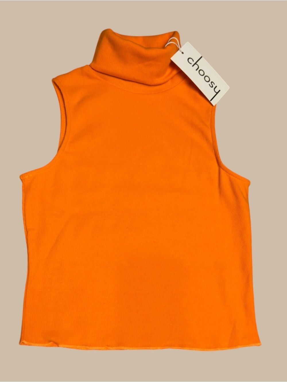 Choosy Vibrant Orange Sleeveless Turtleneck Ribbed Knit Top Size Small NWT